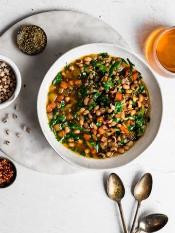 Black-eyed pea soup in a white bowl