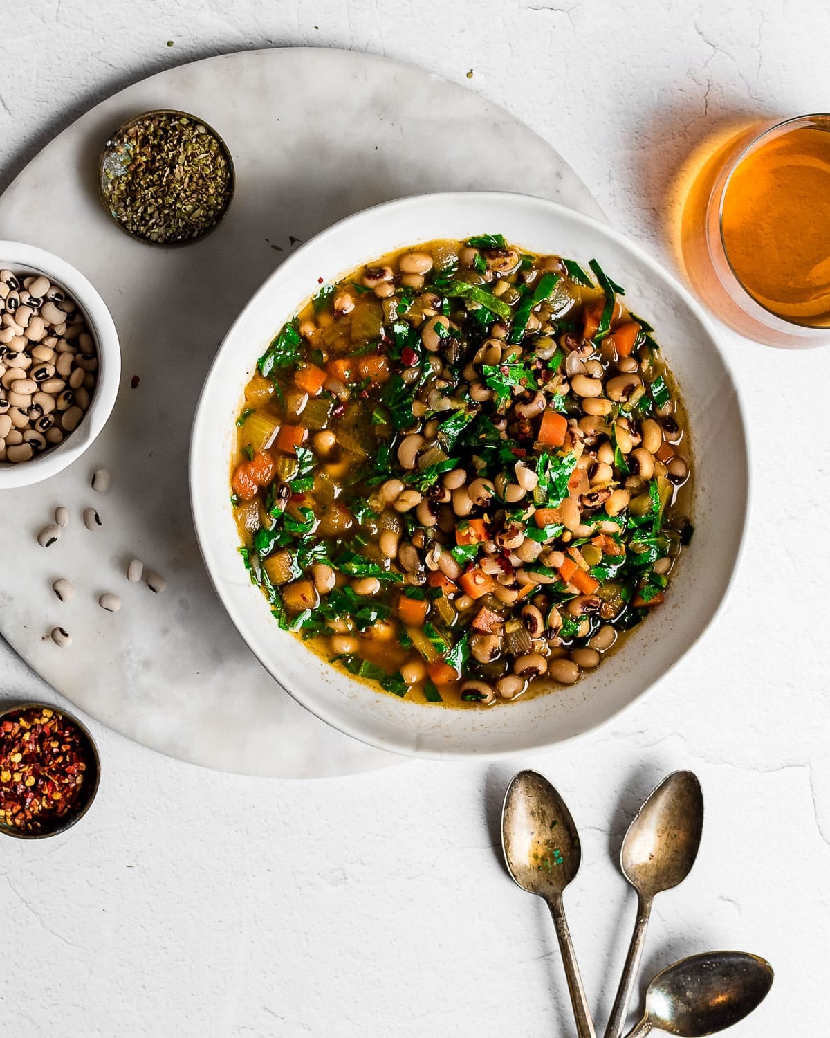 Black-eyed pea soup in a white bowl