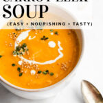 Pinterest Pin red curry squash soup garnished with mustard seeds and thyme