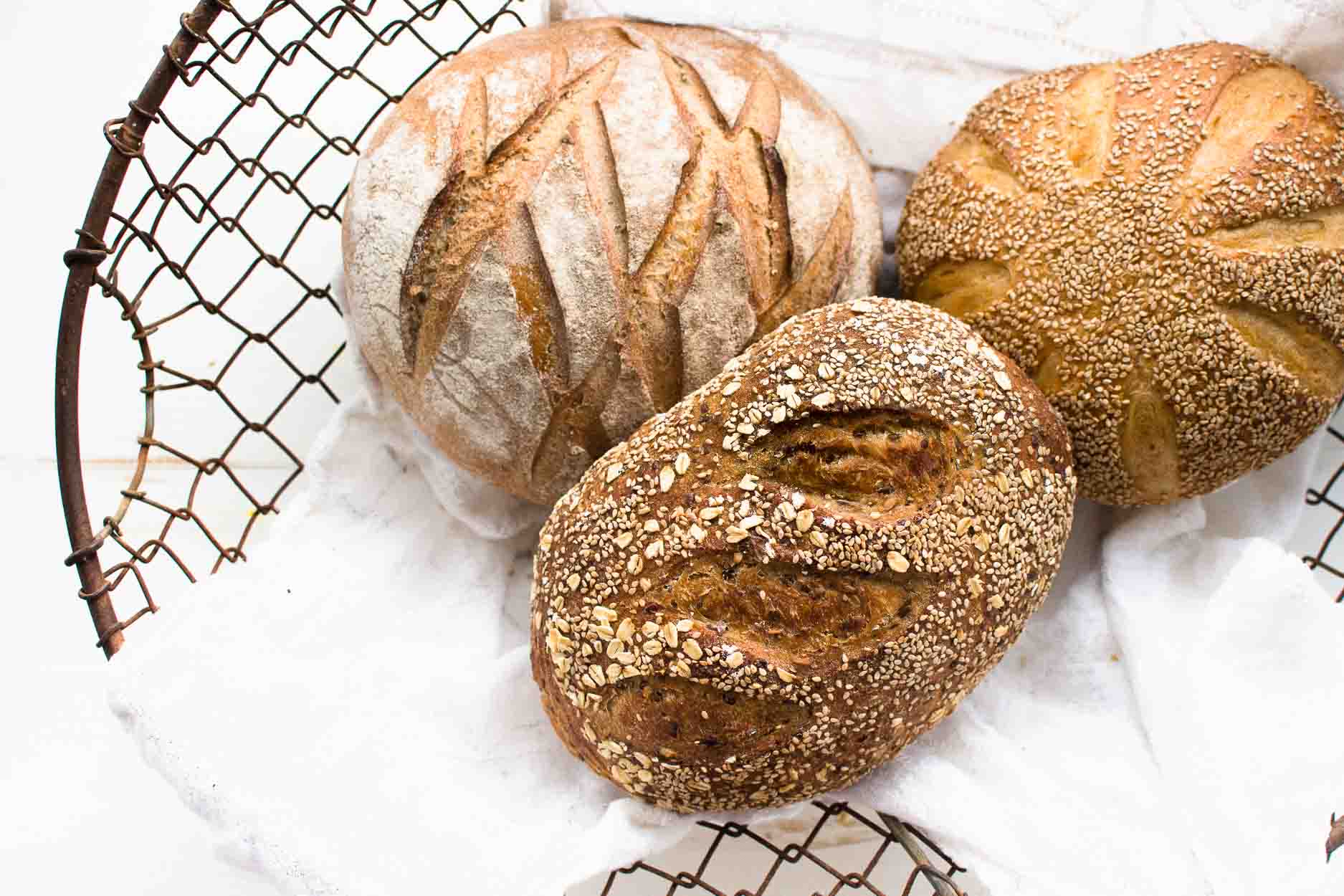 sourdough bread in a wire basket