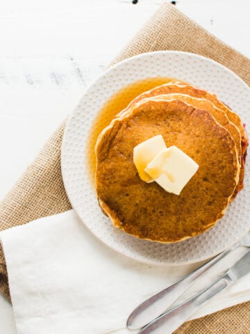 sourdough pancakes with butter and syrup
