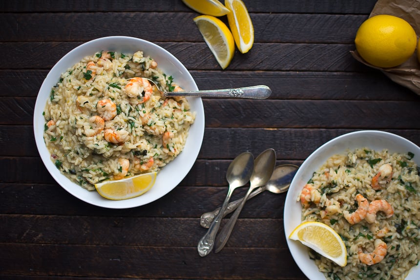 Garlic Spot Prawns over Lemon Herb Risotto: Fragrant with the bright green notes of fresh herbs and vibrant Meyer lemon, this risotto is deceptively simple to prepare for an easy one-pot supper. Sustainably wild-caught Pacific spot prawns provide a punch of color.